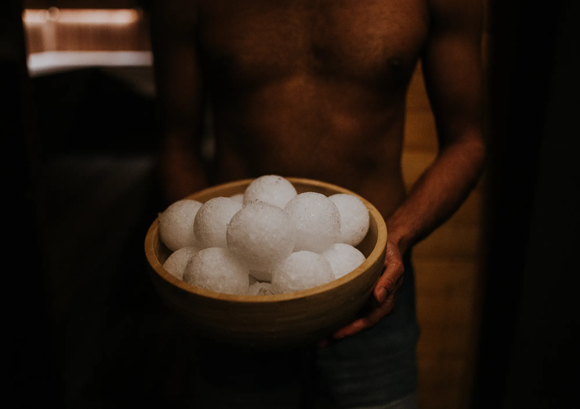 Bowl of ice balls held by a bather at Blue Mountains Sauna