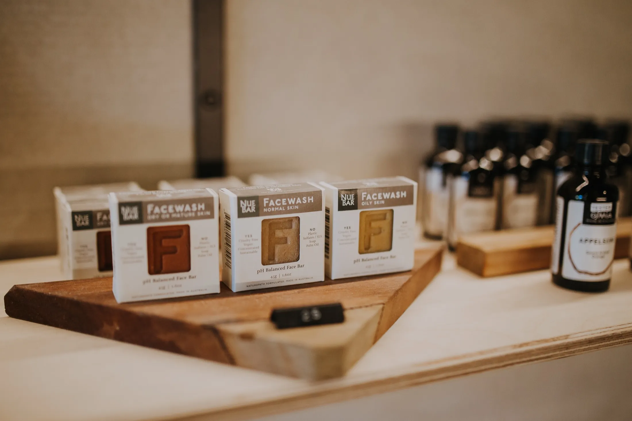 Natural skincare and sauna goods on the reception retail shelf