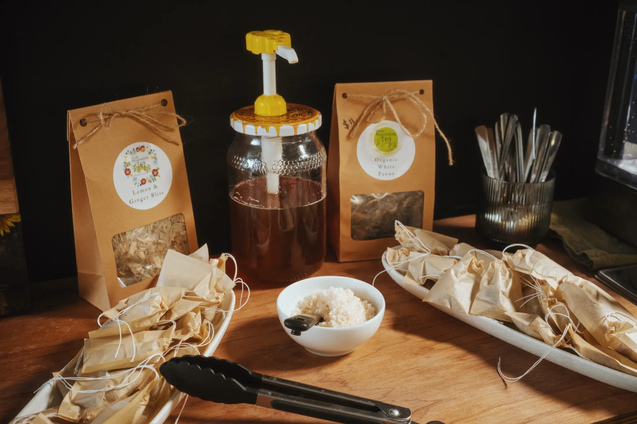 Herbal teas, honey and bath salts at the hydration station