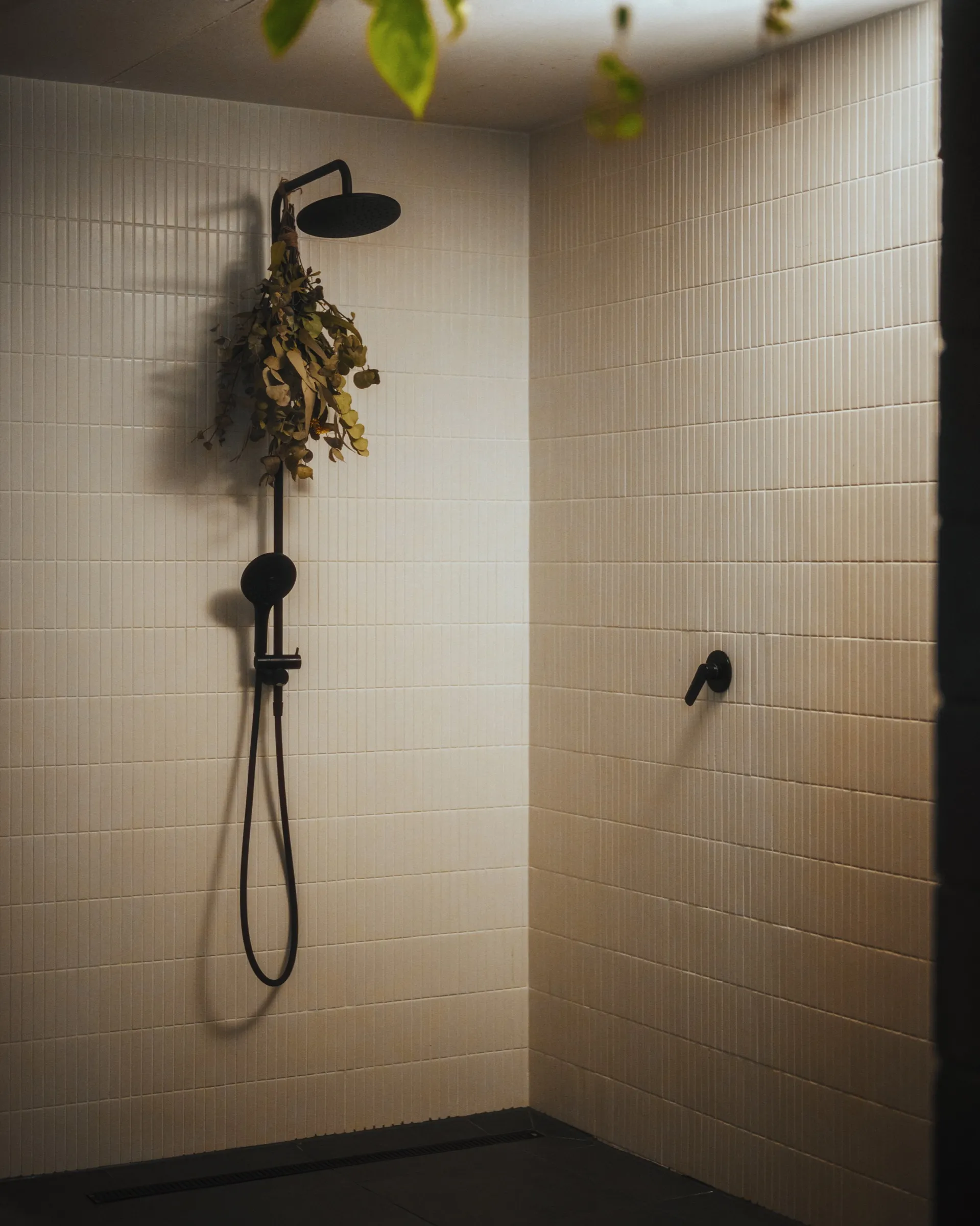The eucalyptus-hung shower in the tiled wet area